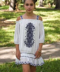 WHITE/NAVY EMBROIDERED DRESS