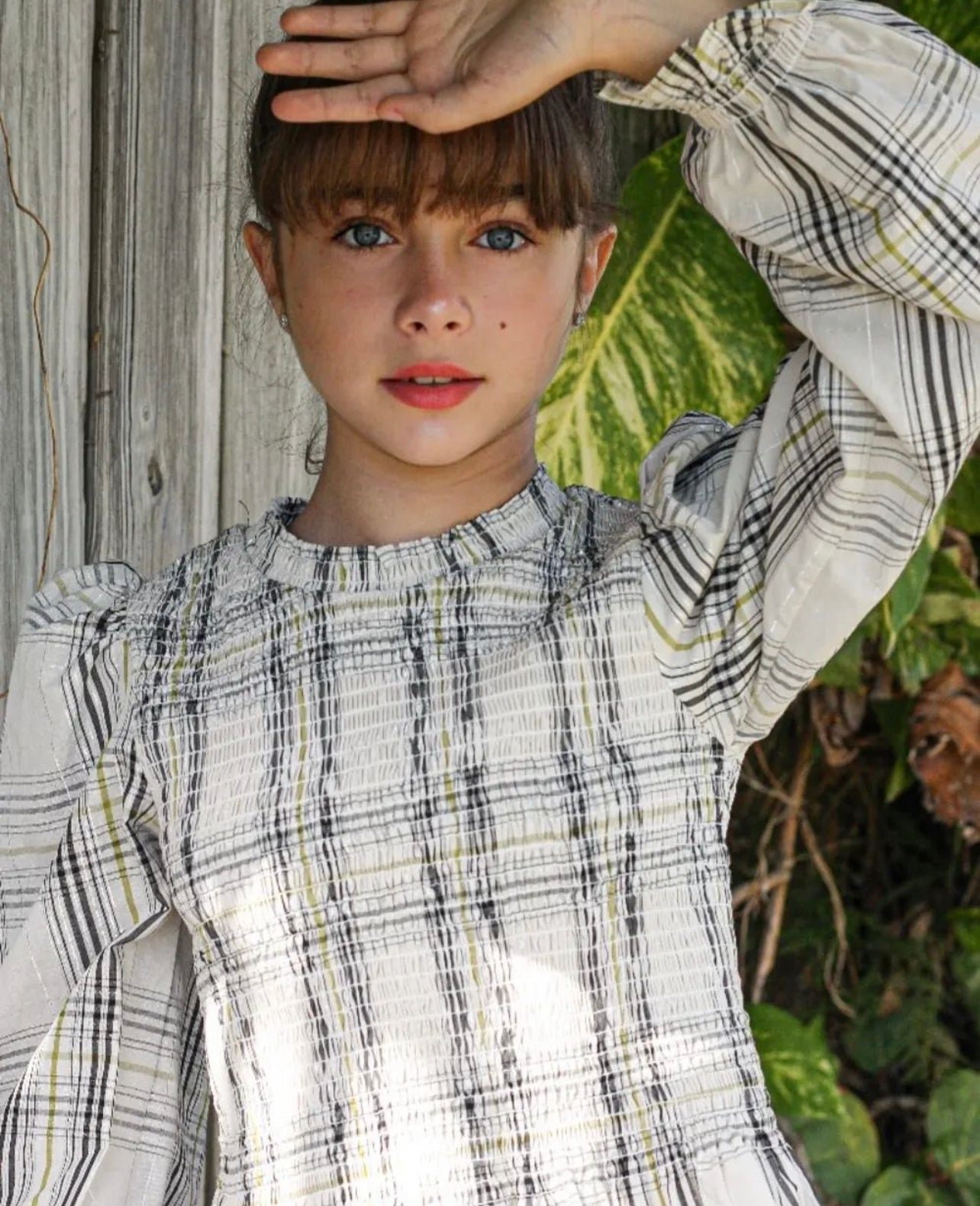 GREY CHECK PRINT HONEYCOMB BLOUSE